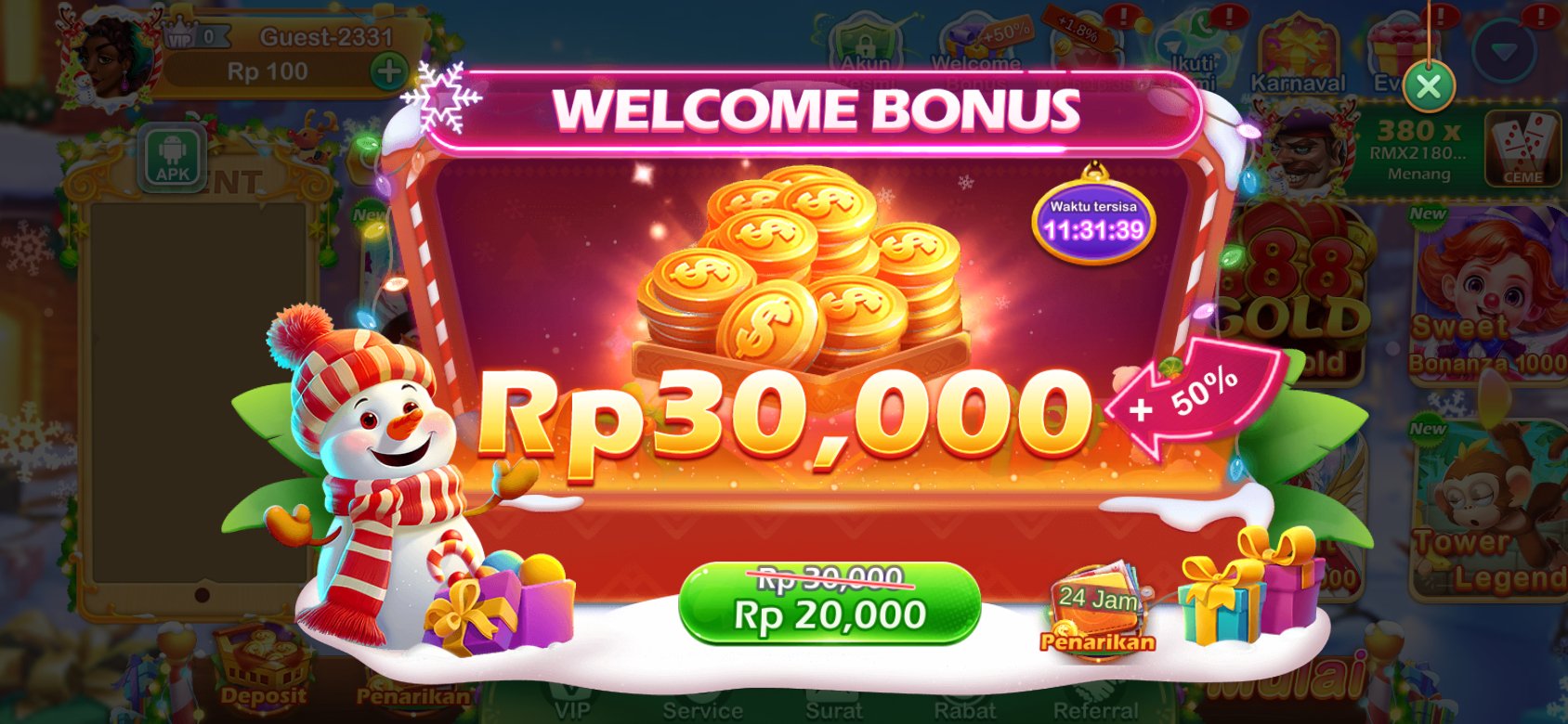 Bonus Selamat Datang: Dapatkan bonus Rp30.000 dengan tambahan +50%. Harga normal dicoret ~Rp30.000~ dan harga spesial Rp20.000. Waktu tersisa untuk mengklaim bonus adalah 11:31:39. Terdapat keterangan 24 Jam Penarikan.